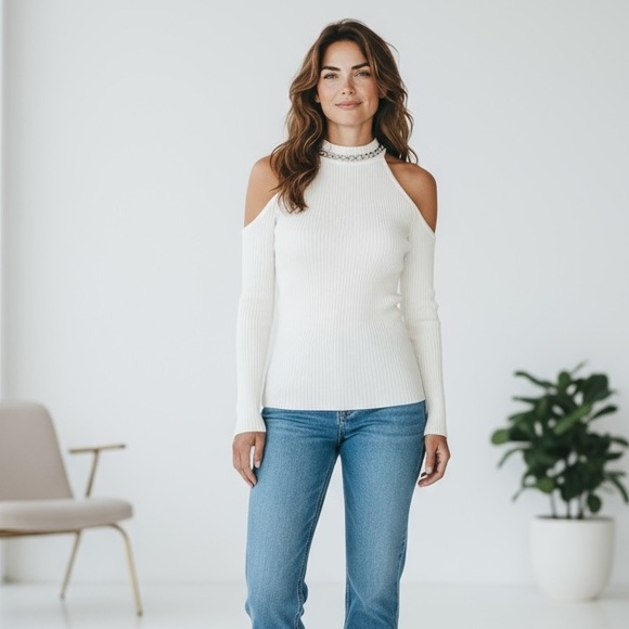 #251 Elegant White Cold Shoulder Top - Picture 1 of 3